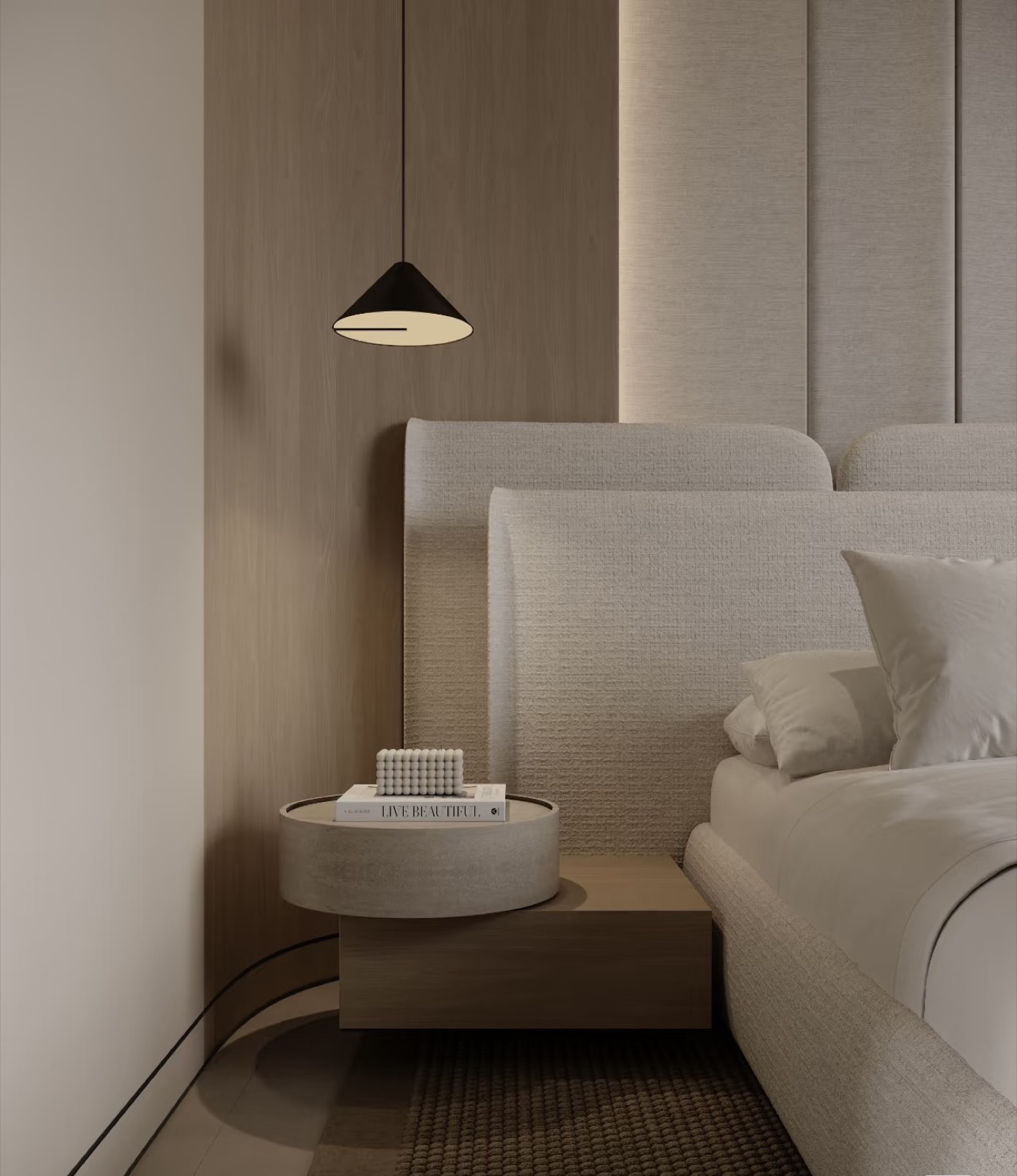 détail chevet et suspension, chambre crème — projet résidentiel ayyur interiors.