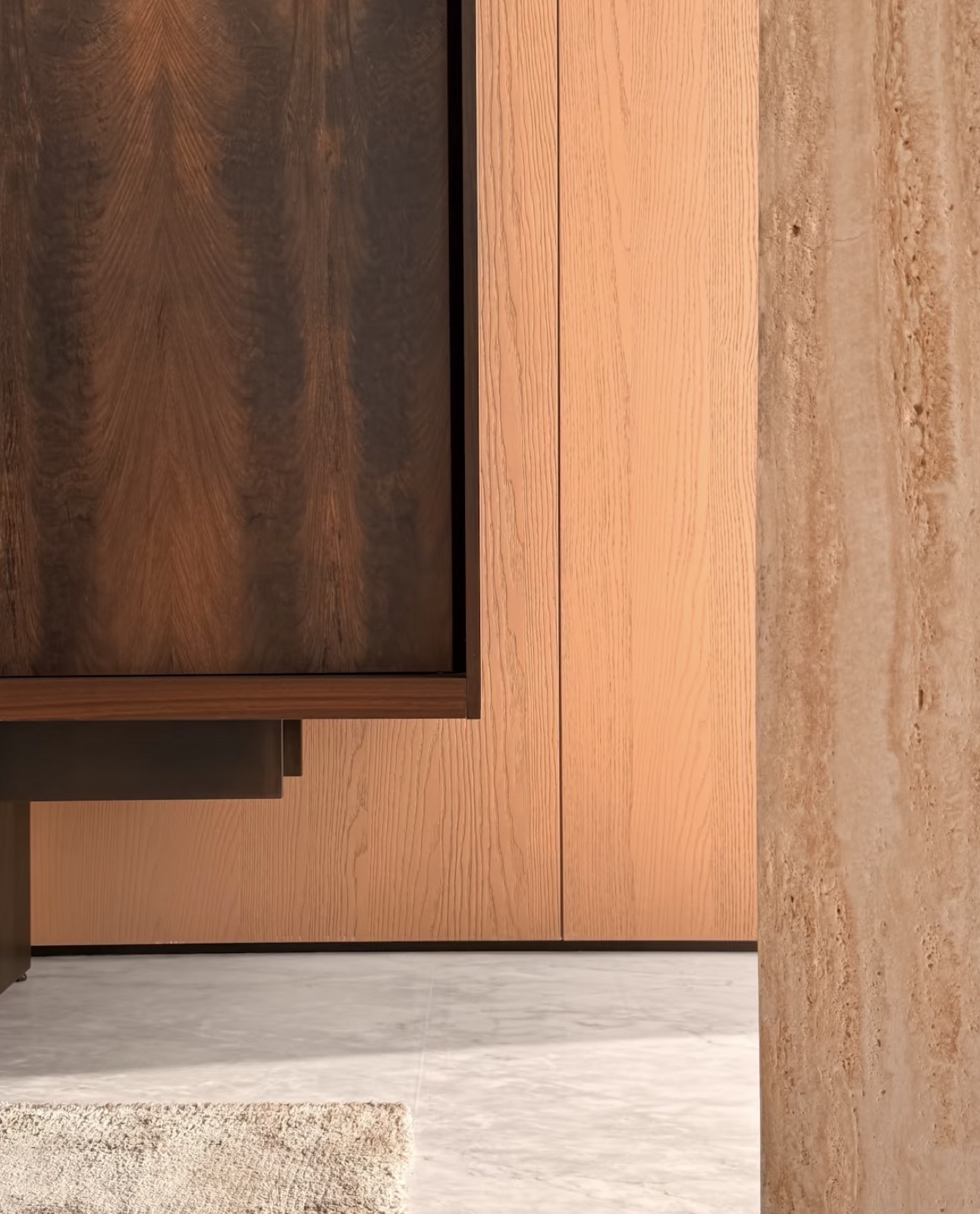 détail menuiserie bois et travertin, mobilier sur mesure — ayyur interiors. design intérieur