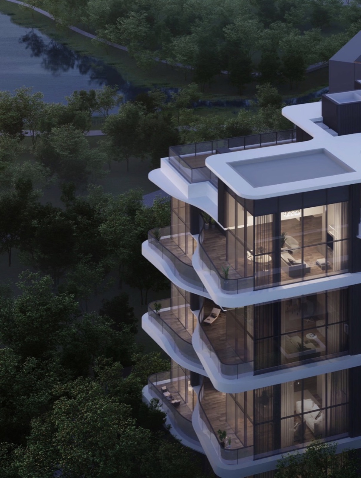 résidence à balcons courbes au bord de l'eau — ayyur interiors.